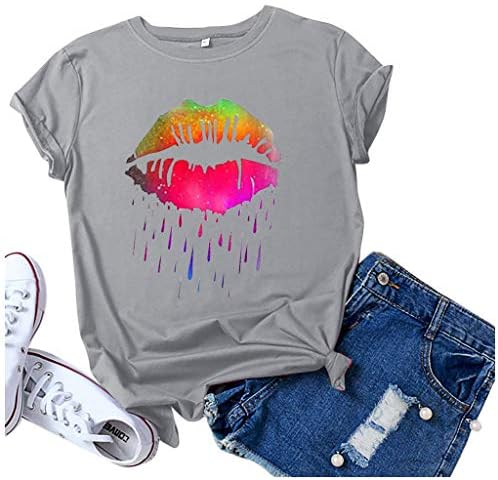 Camisetas de impressão labial feminina camisetas gráficas fofas de manga curta camiseta de verão