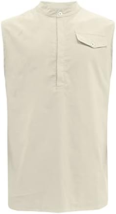 Camisetas sem mangas de linho de algodão ubst para homens Henley Button V Neck Vest Holida de verão Tampas de praia casuais soltas