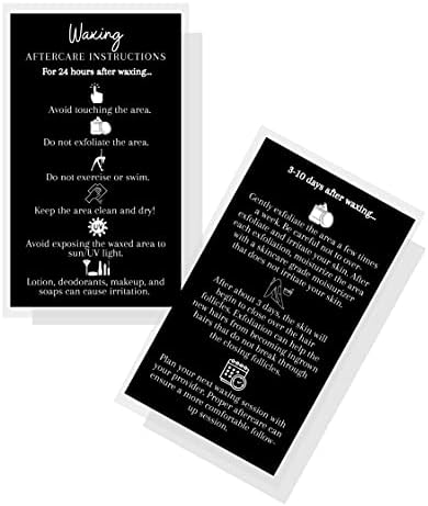 Boutique Marketing de Cabiling Remoção de Cabelo Cardes de After cuidados | 50 pacote | Tamanho do tamanho do cartão de visita de 2x3,5 polegadas | Cartões de kit de pós -tratamento de encerar PMU | Preto com design branco