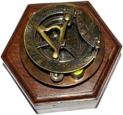 Antigo Vintage Brass Sundial Compass Marine Maritime Compass & Wooden Box Presente
