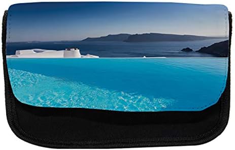 Caixa de lápis de viagem lunarável, piscina de resort em Santorini, bolsa de lápis de caneta com zíper duplo, 8,5 x 5,5, Sky Blue