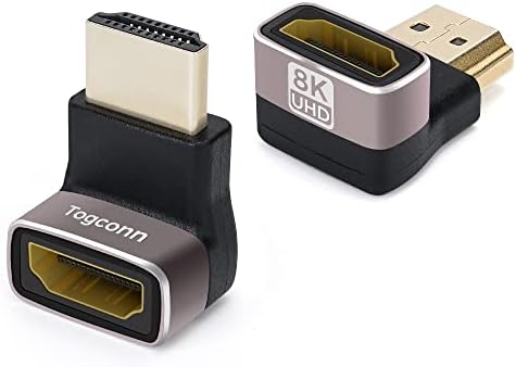 Togconn 8K Adaptador HDMI 90 graus e 270 graus Adaptador banhado a ouro 2 pacote, ângulo reto HDMI Male para fêmea Adaptador vertical