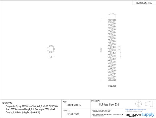 Mola de compressão, 302 aço inoxidável, polegada, 0,30 OD, 0,038 tamanho do fio, comprimento comprimido de 0,305 , comprimento livre de 0,5, 7,53 libras de capacidade de carga, 38,65 lbs/na taxa de mola