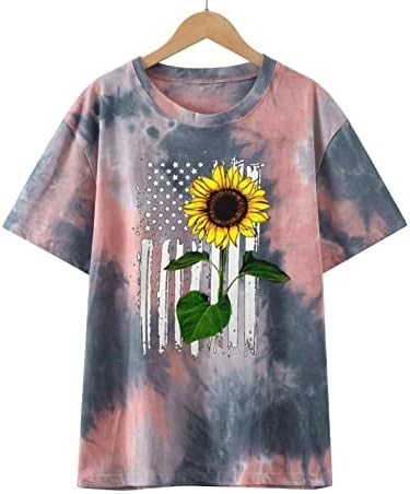 Senhoras americanas listradas de girassol Floral Gráfico solto Camisetas de barco Tops de pescoço camisetas de manga curta Camisetas