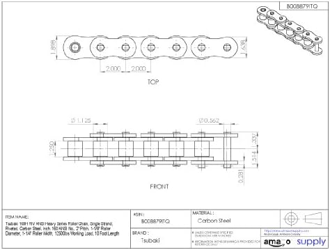 Tsubaki 160hrb ANSI Pesada Chain de rolos, fita única, rebitada, aço carbono, polegada, 160 ANSI No., 2 Pitch, 1-1/8