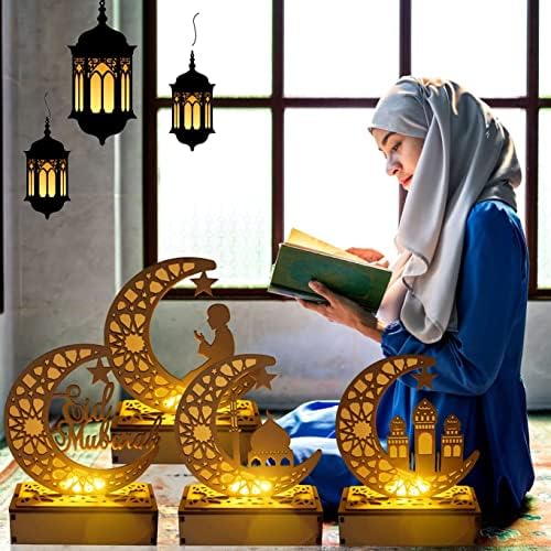 Eid Crafts Night Light, Ramadã Mubarak Lamp Decorações, 3D Luzes de madeira de madeira de madeira Decoração de luzes LED, Presente