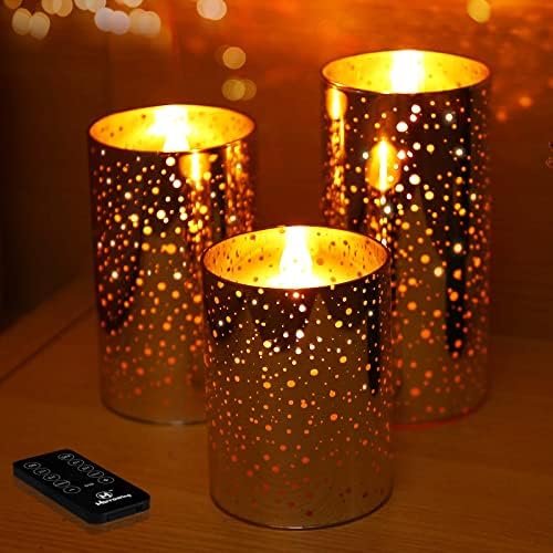 Velas sem chamas de vidro dourado Livilla com remoto e temporizador, velas sem chamas LED, velas de vidro de pilar sem chamas