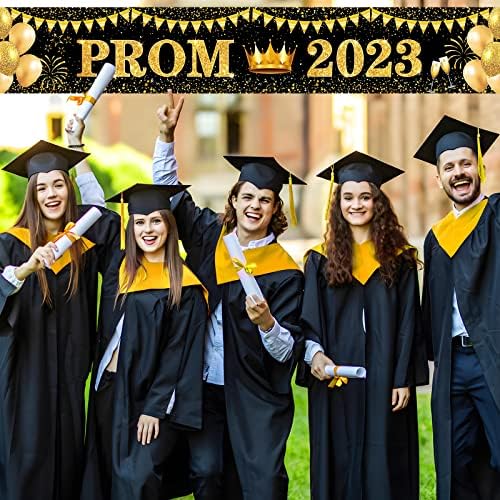 PROM 2023 Banner Decorações de festa de graduação em preto e dourado Parabéns Banner de pátio de pós -graduação Black Gold 2023