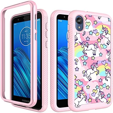 MOTO E6 CASO, MOOTE E6 CASO PARA MENINAS MULHERES, Rainbow Unicorn Padrão de corpo inteiro Camada dupla camada pesada Defender