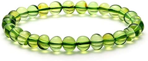 Amber por Mazukna - pulseira de âmbar verde para mulheres ou homens, 6,7 pol, elástica faixa, jóias de pedras preciosas