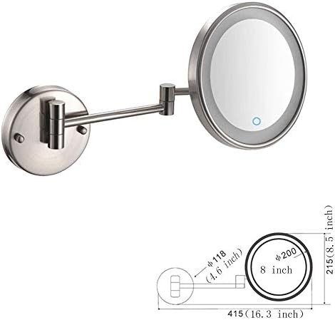 Espelho de maquiagem montado em parede de 8 polegadas, espelho de maquiagem com luzes de toque LED, tela de toque, um