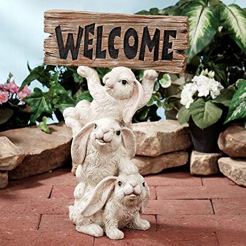 Toque de bunnies de classe Trio de boas -vindas escultura - resina - branca, marrom - interno, externo - lebres sorridentes