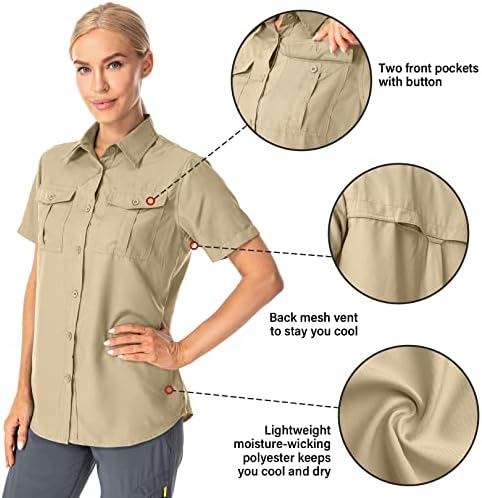 Camisas de botão feminino UPF 50+ Camisas de proteção solar de manga curta Estream camisa seca rápida para pescar,