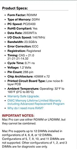 OWC 256GB PC23400 DDR4 ECC-R 2933MHZ RDIMMS Memória compatível com Mac Pro 2019 e Modelos UP
