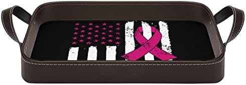 Consciência do câncer de mama American Flag Leather Decorativa Bandeja personalizada Organizador de armazenamento de bandeja com alças para hotel em casa