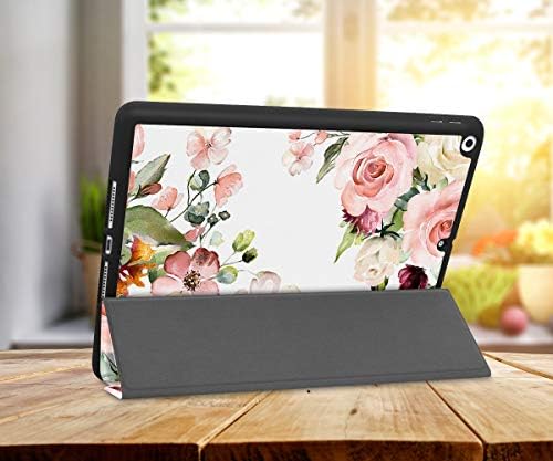 Caso para o novo iPad 8th Gen / 7th Generation 10,2 polegadas com porta -lápis - Batianda Lightweight PU Leather Trifold Stand Caso Proteting Case com acordar / sono automático, peony elegante