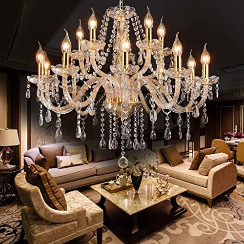 Cor de ouro lustre de cristal de vela luxuoso, 15 luzes K9 Candelador de cristal moderno para sala de jantar, lâmpada pendente