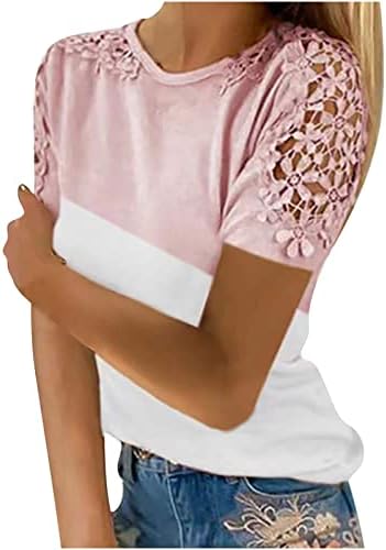 Blusas de manga curta para mulheres Tops casuais elegantes o pescoço de verão tee top top moda de moda bloqueio solto tim