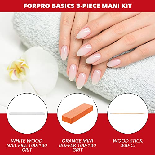 FORPRO Basics Kit de manicure de 3 peças, 300 contagens, arquivo de unhas de madeira branca, 300, mini buffer laranja 100/180, bastão de madeira, bastão de madeira