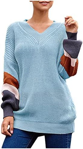 Caminho de pescoço feminino Temperamento v- pescoço solto colorido suéter colorido de cor de gola alta de manga longa