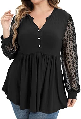 Tampas de tamanho grande para mulheres Veja embora as camisas de manga longa de renda Button V pescoço peplum haigh cientia blusas