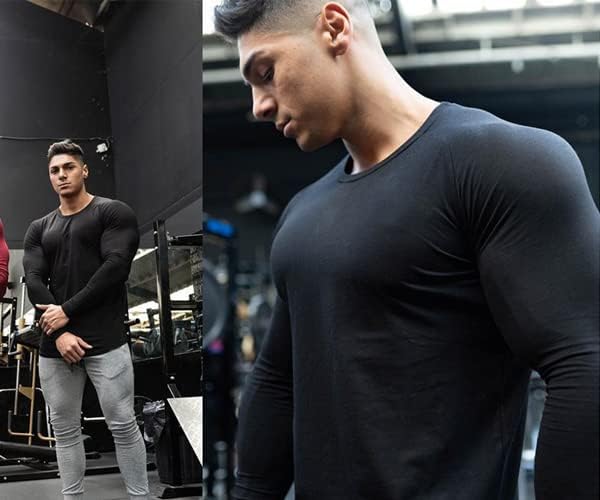 Camiseta muscular de Kellorena masculino Muscle Stretch respirável de manga longa casual tops de ginástica treino atlético