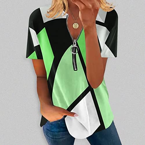 Moda feminina V zíper para o pescoço de manga curta tops casuais geométricos geométricos camisetas top top