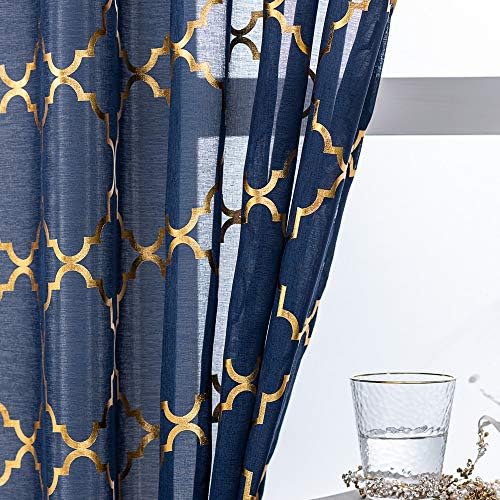 YJ Yanjun Navy azul e dourado cortinas puras de 84 polegadas de comprimento de papel geométrico Trellis Pattern Janela Set