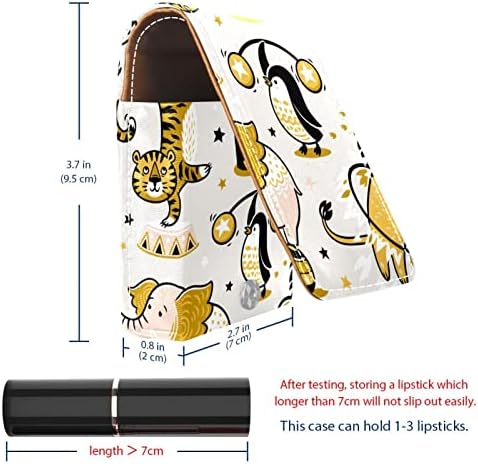Caixa de batom mini mini com espelho para bolsa, cartoon circus animal leão tigre pinguim engraçado em couro estético saco