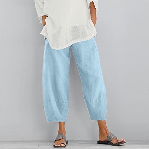 Calças de caminhada de Capri feminina Mulheres de algodão da cintura Cultura solta cor pura e calça harém linho elástico