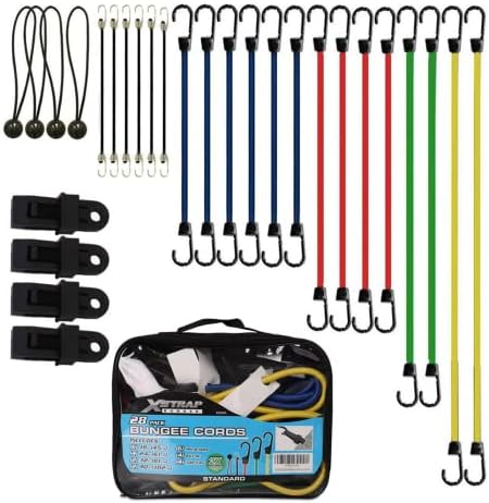 XSTRAP Standard Bungee Cords Bolsa de sortimento 28 peças - inclui cabos de bungee de 18 ”, 24”, 32 ”, 40” e 6 pcs 10 '' Mini Bungees, 4 pcs 9 '' laços de bola, clipes de lona de 4 pcs