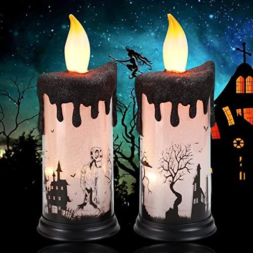 2 PCs Halloween Velas sem chamas, velas pluviais de pilares LED, Battery Operated LED Castle Castle Skull para festas de celebração