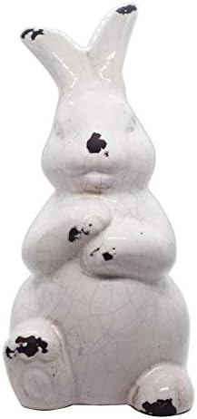 Estátua de coelho branco de cerâmica Estatueta de estatueta de páscoa decoração de primavera antiga vintage com bunny rústica angustiada