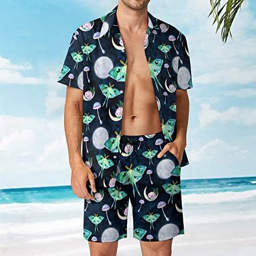 MOLHE BORTERFLY Fullmoon Men 2 Peças Conjunto havaiano Button-Down Sleeve Shirts Calça de praia Faixa Fit Fit