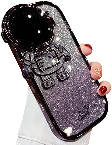 Capa de telefone oculto do astronauta qokcoahn para iPhone 14 Pro Max, fofo protetor de câmera de lente astronautas Kickstand Luxury glitter bling 6D Eletroplatou Clear Soft TPU Protetor para homens mulheres roxas
