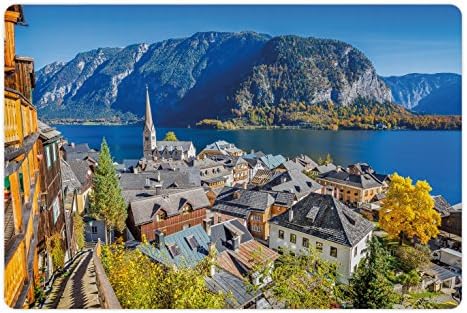 Ambsosonne Fall Pet Tapete para comida e água, vila histórica da montanha de Hallstatt Austria Vista da paisagem européia sazonal,