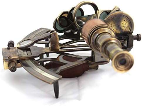 Sextante de couro de latão antiquado colecionável com caixa sextante de bronze náutico de caixa