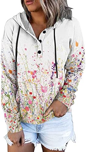 Moletons de impressão floral casual feminino beuu botão de puxão de puxão de cordão dos jumpers com moletons de manga longa com bolso