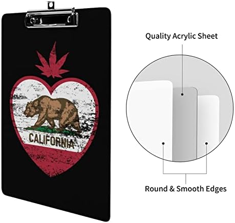 California Bear Weed Heart Heart Acrílico Clipboard Boards Portable Clip com placa de clipe de metal de baixo perfil para o escritório em casa
