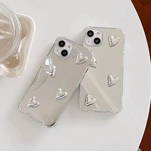 Jusy compatível com iPhone 13 Pro Mirror Case, moda fofa 3D Love Heart Silicone Clear Case para mulheres Cappa de telefone de proteção à prova de choques