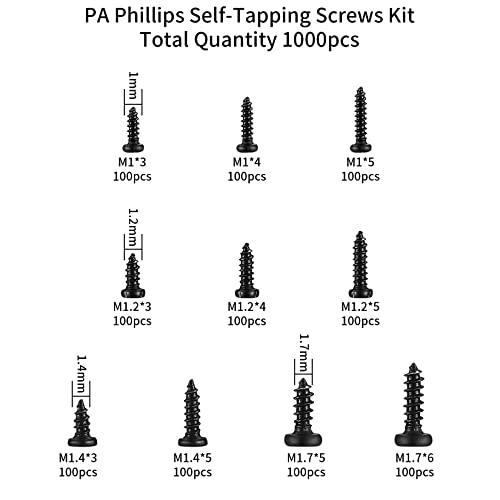 1000 PCs Small Phillips Pan Head parafusos Kit de sortimento, Micro Tiny Electronic Auto-Tapping parafusos para óculos