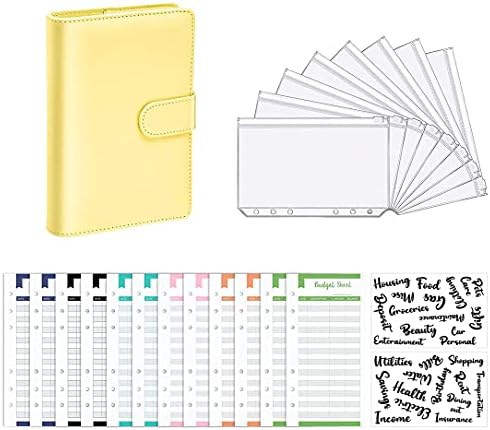 Binder de orçamento de couro A6 PU, envelopes de caixa para orçamento, planejador de orçamento incluem carteira de orçamento, 8 PCs Binder com envelopes com zíper, 12 PCS Folhas de orçamento, 2 PCs Binder Binder Stickers