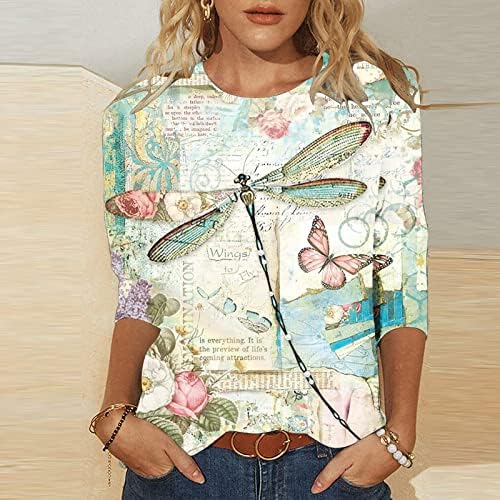 Tops florais para mulheres casuais 3/4 manga de manga da moda camisa estampada de dragonfly round redonda macia de pullover solteira macia