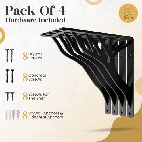 Balin projeta suporte de prateleira de árvore preta para prateleiras de 10 e 12 - pacote de 4 - suportes de prateleira de metal decorativos para serviço pesado - decoração rústica em casa - l suportes - fácil de instalar - hardware incluído
