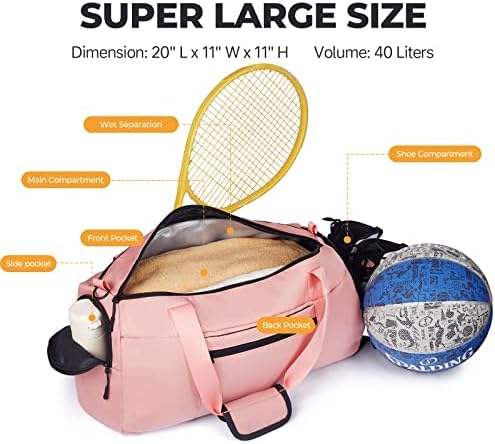 40L Saco de ginástica grande para mulheres - Bolsa de mochila de ginástica rosa com compartimento de sapatos e bolso molhado - bolsa de mochila de viagem embalável
