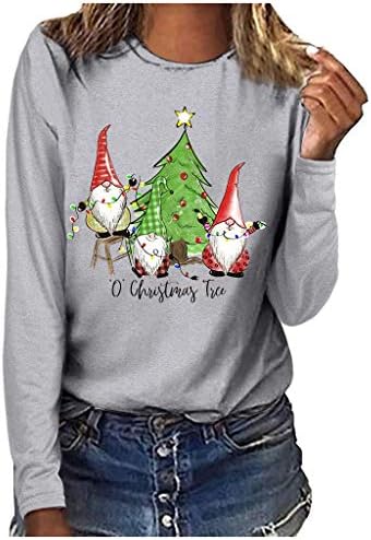 Camisetas de manga longa de Natal para mulheres impressas gráficas camisetas gnome Xmas Tree Pattern Casual Pullover Sorthirt