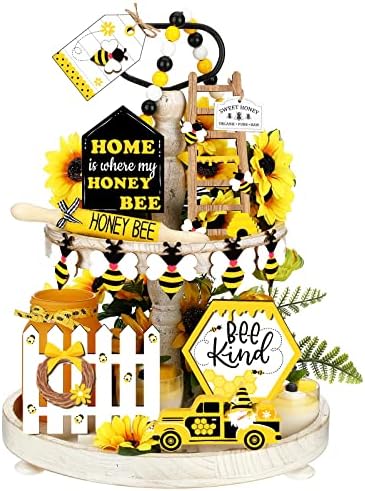 20 PCS Summer Honey Bee Bandejas de bandeja Bumble Sinais de madeira de madeira gnomo Mesa de mel de caminhão amarelo Tampa da decoração da primavera da fazenda Sinais de tábua de mesa para festas para festa Holida de mesa de cozinha