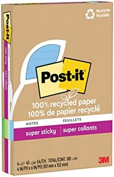 Post-it-it Reciclado Super Sticky Notes, 2x a potência da aderência, 4x6 in, 4 almofadas, 45 folhas/bloco, coleção de oásis