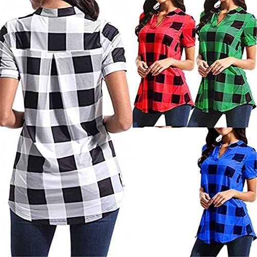 Andongnywell Women Casual Manga Casual Camista xadrez Túnica Plaid Impresso V Blusses Pullover de pescoço Tops