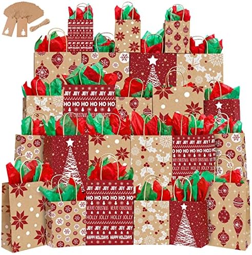 Cooraby 24 peças Christmas Kraft Gift Sacos de papel reutilizável com punhetas de manchas de boa boa